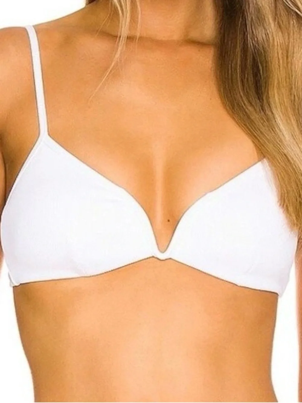 L*SPACE Helena Bikini Top XS White Ribbed Gold V Wire Swimwear Bachelorette NWT